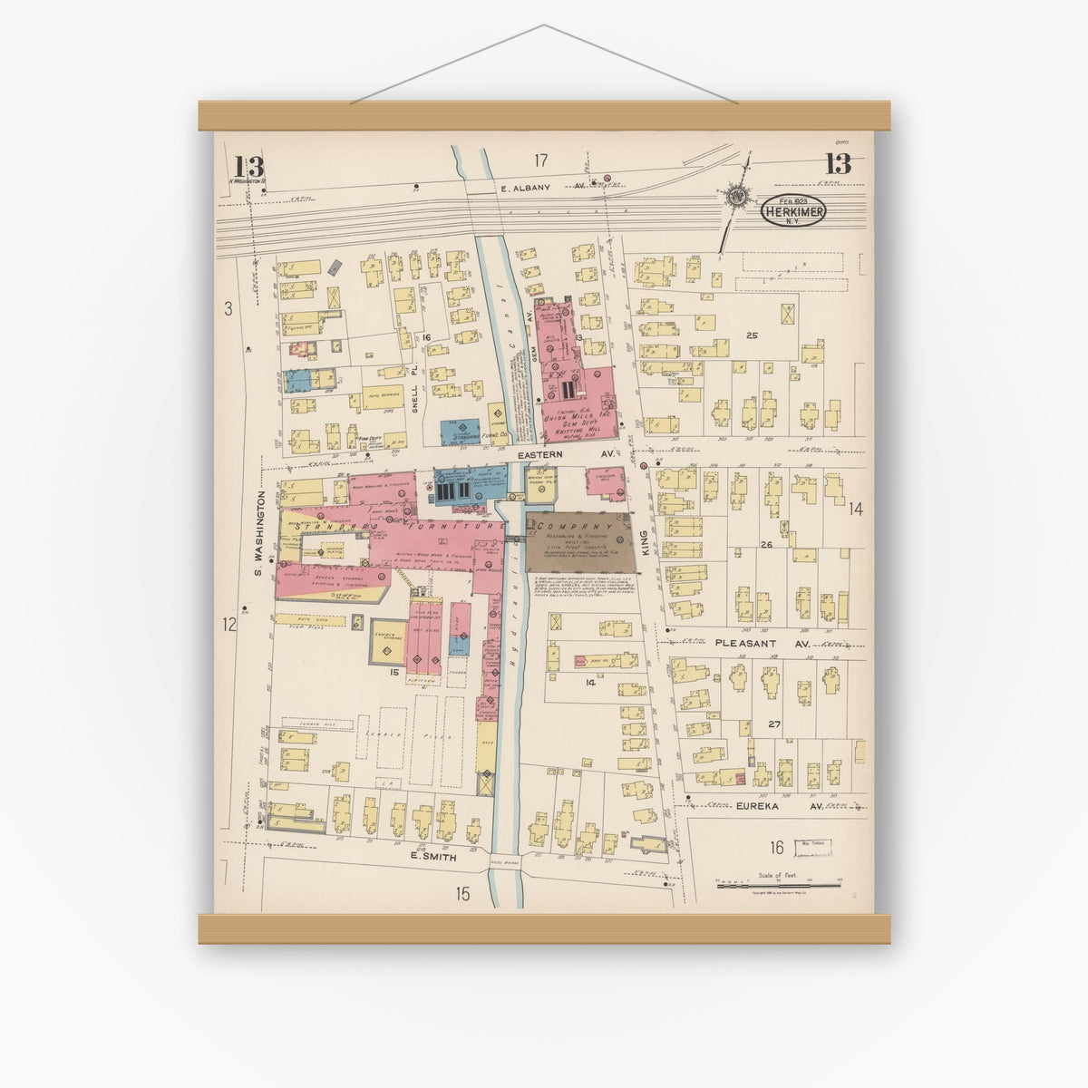 Old map wall art mockup — magnetic wood frame on white wall — Sanborn Fire Insurance Map from Herkimer, Herkimer County, New York (1923), Sheet #0013