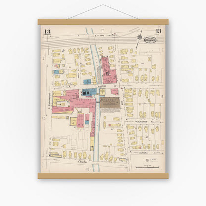 Old map wall art mockup — magnetic wood frame on white wall — Sanborn Fire Insurance Map from Herkimer, Herkimer County, New York (1923), Sheet #0013