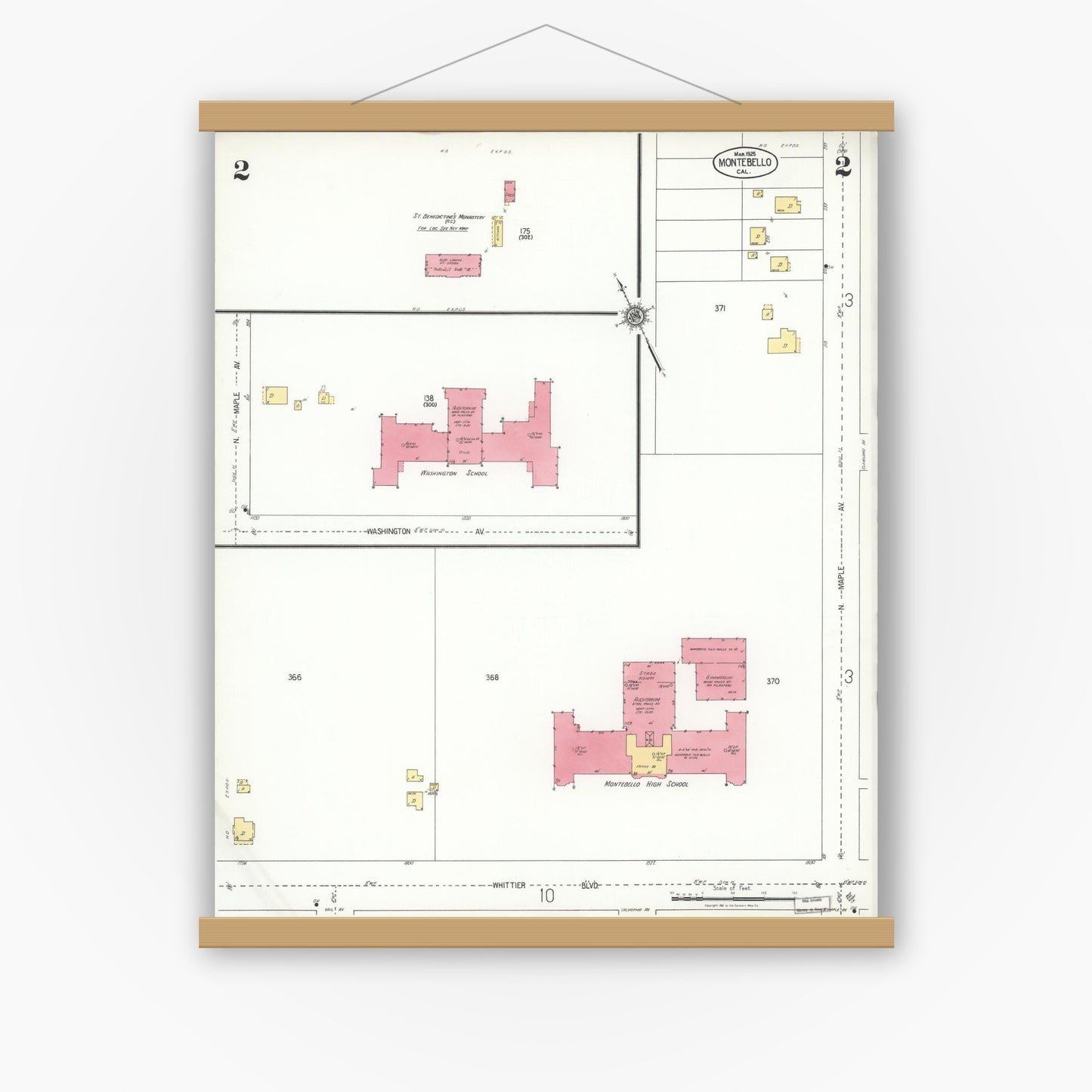 Old map wall art mockup — magnetic wood frame on white wall — Sanborn Fire Insurance Map from Montebello, Los Angeles County, California (1925), Sheet #0002