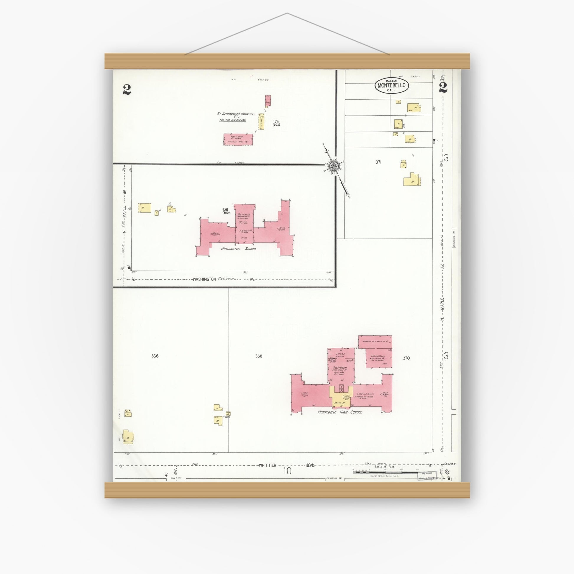 Old map wall art mockup — magnetic wood frame on white wall — Sanborn Fire Insurance Map from Montebello, Los Angeles County, California (1925), Sheet #0002