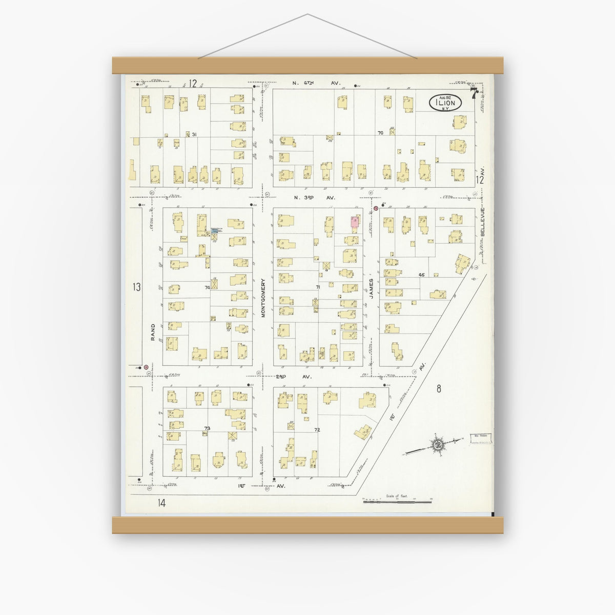 Old map wall art mockup — magnetic wood frame on white wall — Sanborn Fire Insurance Map from Ilion, Herkimer County, New York (1912), Sheet #0007
