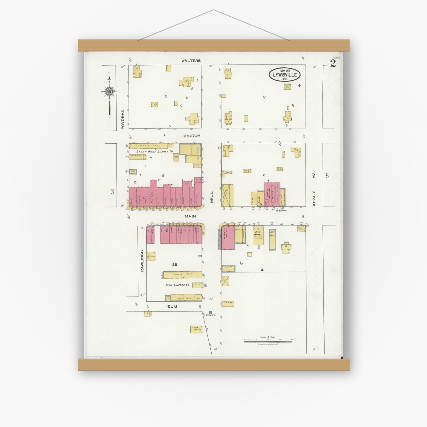 Old map wall art mockup — magnetic wood frame on white wall — Sanborn Fire Insurance Map from Lewisville, Denton County, Texas (1921), Sheet #0002