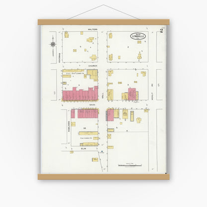 Old map wall art mockup — magnetic wood frame on white wall — Sanborn Fire Insurance Map from Lewisville, Denton County, Texas (1921), Sheet #0002