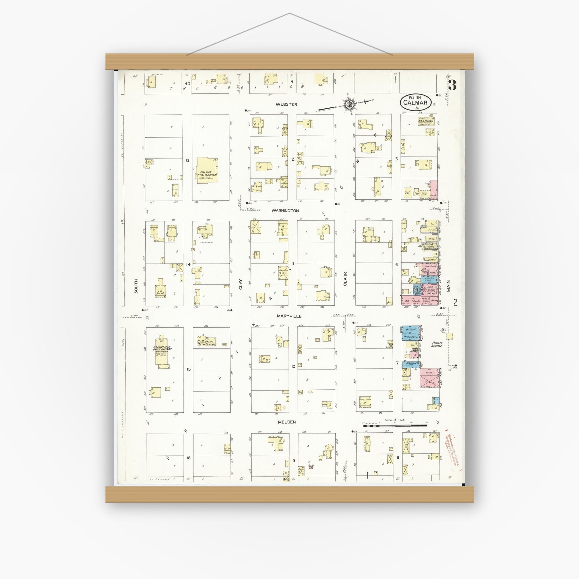 Old map wall art mockup — magnetic wood frame on white wall — Sanborn Fire Insurance Map from Calmar, Winneshiek County, Iowa (1914), Sheet #0003