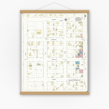 Old map wall art mockup — magnetic wood frame on white wall — Sanborn Fire Insurance Map from Calmar, Winneshiek County, Iowa (1914), Sheet #0003
