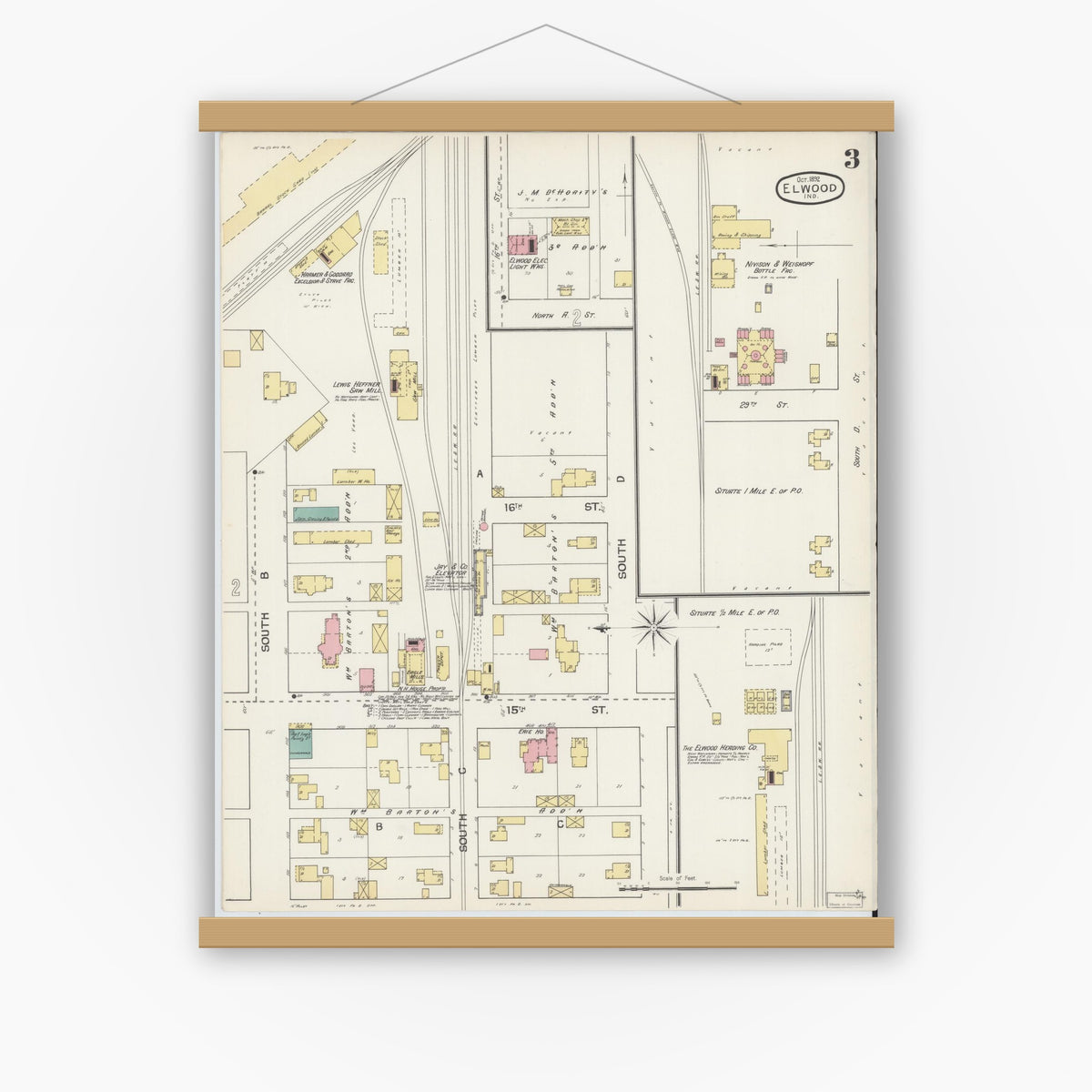 Old map wall art mockup — magnetic wood frame on white wall — Sanborn Fire Insurance Map from Elwood, Madison County, Indiana (1892), Sheet #0003