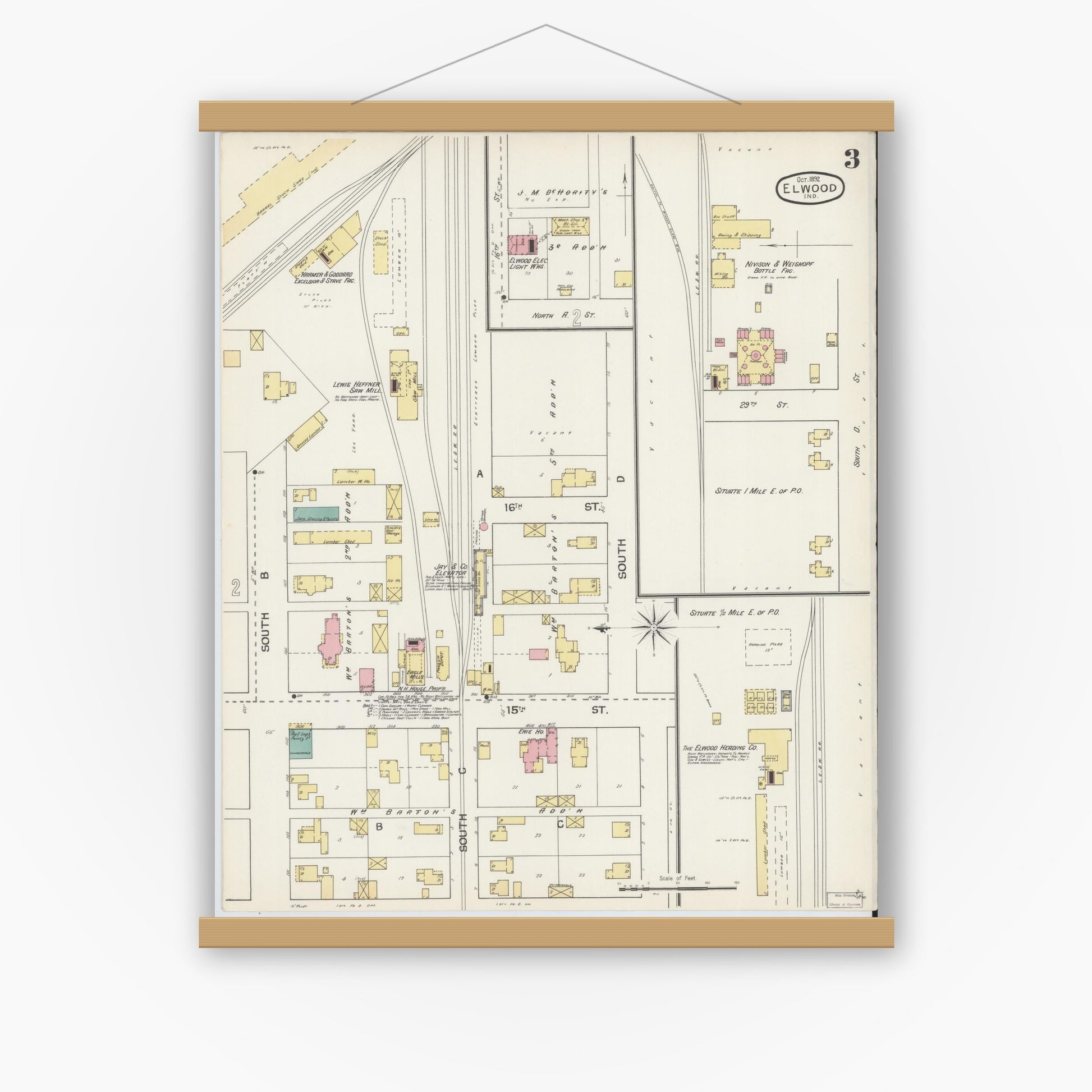 Old map wall art mockup — magnetic wood frame on white wall — Sanborn Fire Insurance Map from Elwood, Madison County, Indiana (1892), Sheet #0003
