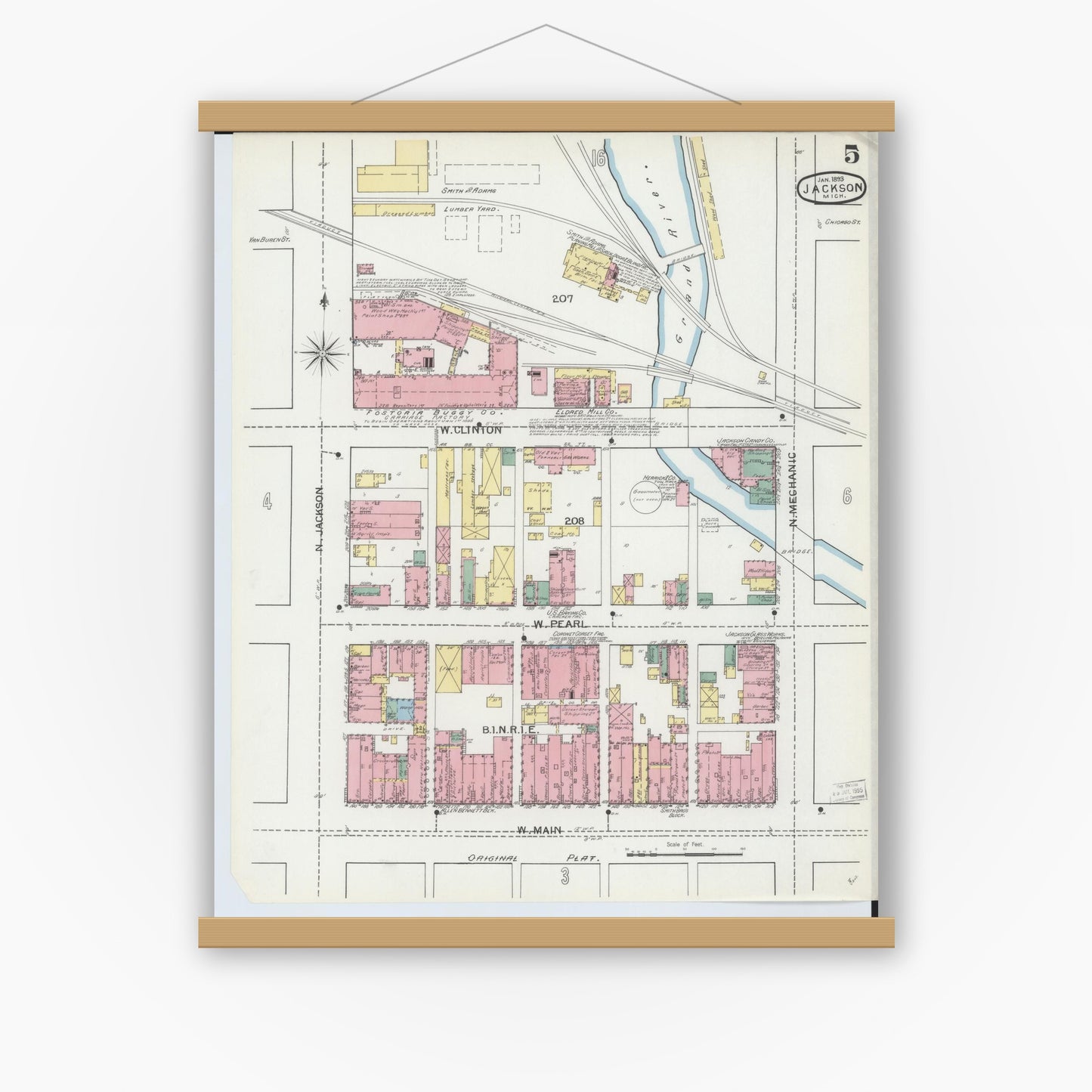 Old map wall art mockup — magnetic wood frame on white wall — Sanborn Fire Insurance Map from Jackson, Jackson County, Michigan (1893), Sheet #0005