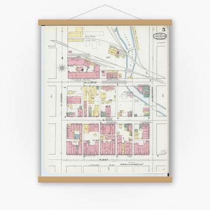 Old map wall art mockup — magnetic wood frame on white wall — Sanborn Fire Insurance Map from Jackson, Jackson County, Michigan (1893), Sheet #0005