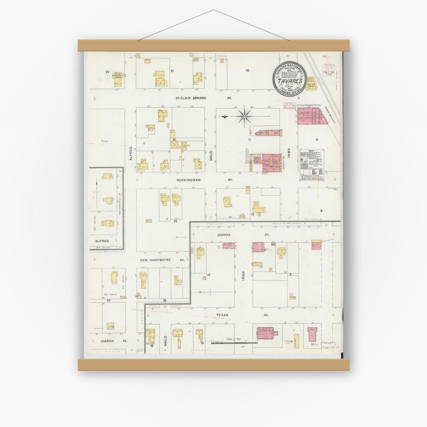 Old map wall art mockup — magnetic wood frame on white wall — Sanborn Fire Insurance Map from Tavares, Lake County, Florida (1906), Sheet #0001