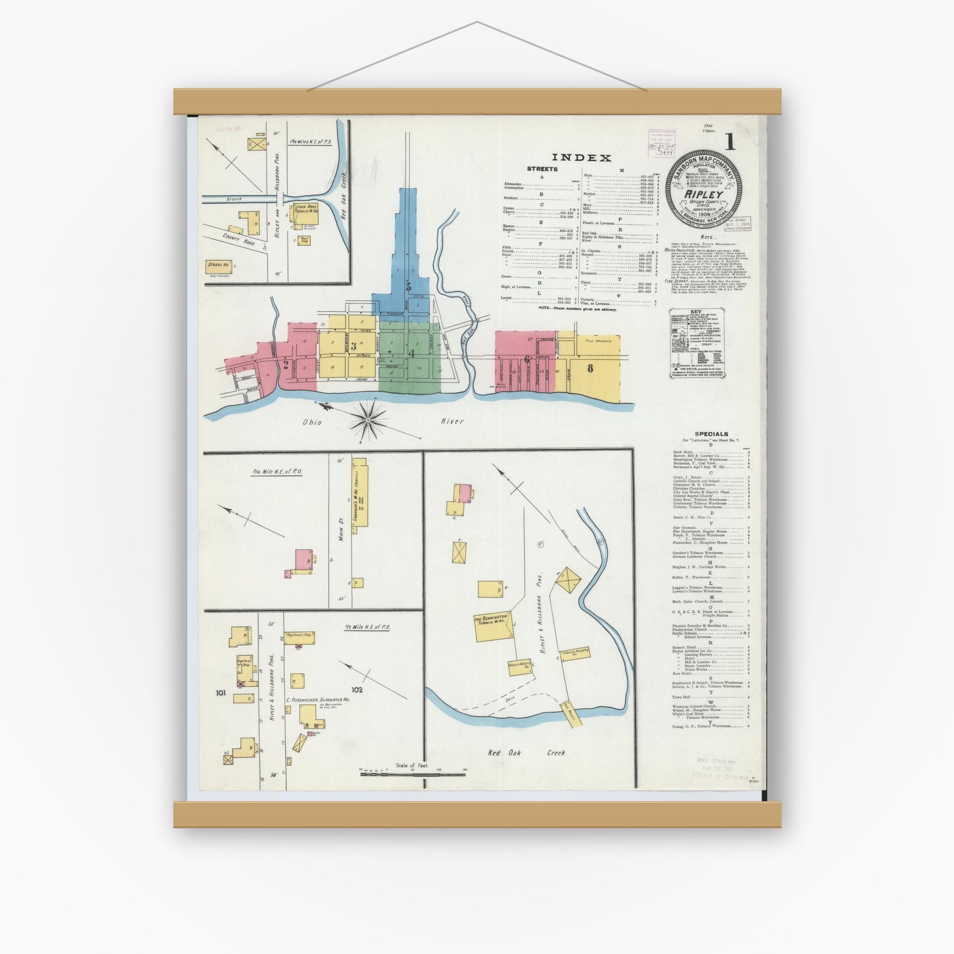 Old map wall art mockup — magnetic wood frame on white wall — Sanborn Fire Insurance Map from Ripley, Brown County, Ohio (1904), Sheet #0001