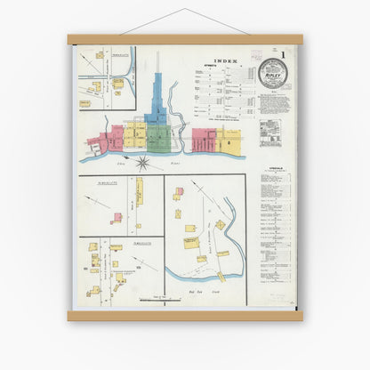 Old map wall art mockup — magnetic wood frame on white wall — Sanborn Fire Insurance Map from Ripley, Brown County, Ohio (1904), Sheet #0001
