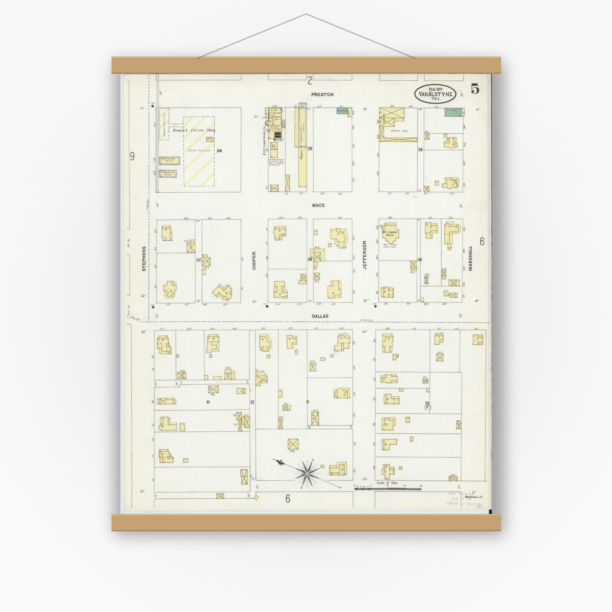 Old map wall art mockup — magnetic wood frame on white wall — Sanborn Fire Insurance Map from Van Alstyne, Grayson County, Texas (1907), Sheet #0005