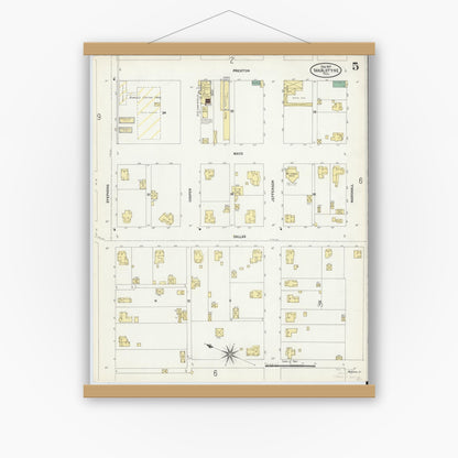 Old map wall art mockup — magnetic wood frame on white wall — Sanborn Fire Insurance Map from Van Alstyne, Grayson County, Texas (1907), Sheet #0005