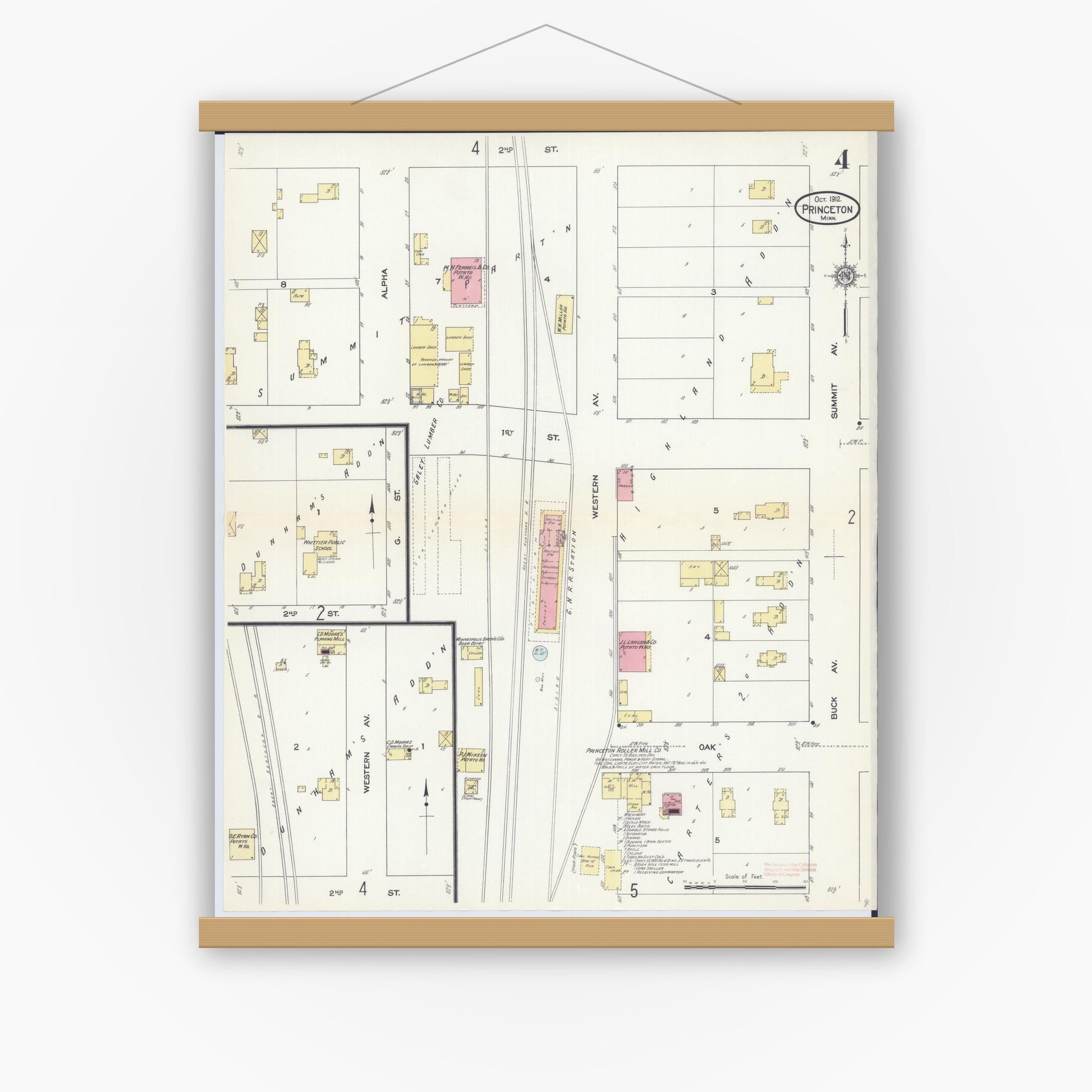 Old map wall art mockup — magnetic wood frame on white wall — Sanborn Fire Insurance Map from Princeton, Mille Lacs County, Minnesota (1912), Sheet #0004