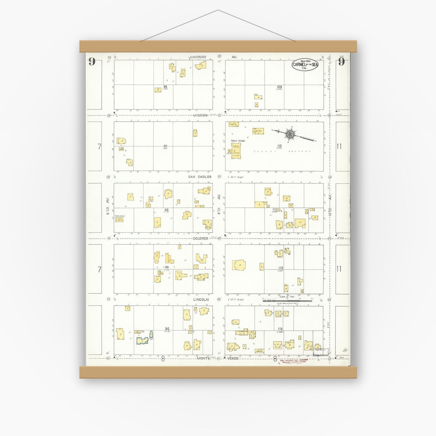 Old map wall art mockup — magnetic wood frame on white wall — Sanborn Fire Insurance Map from Carmel By The Sea, Monterey County, California (1924), Sheet #0009