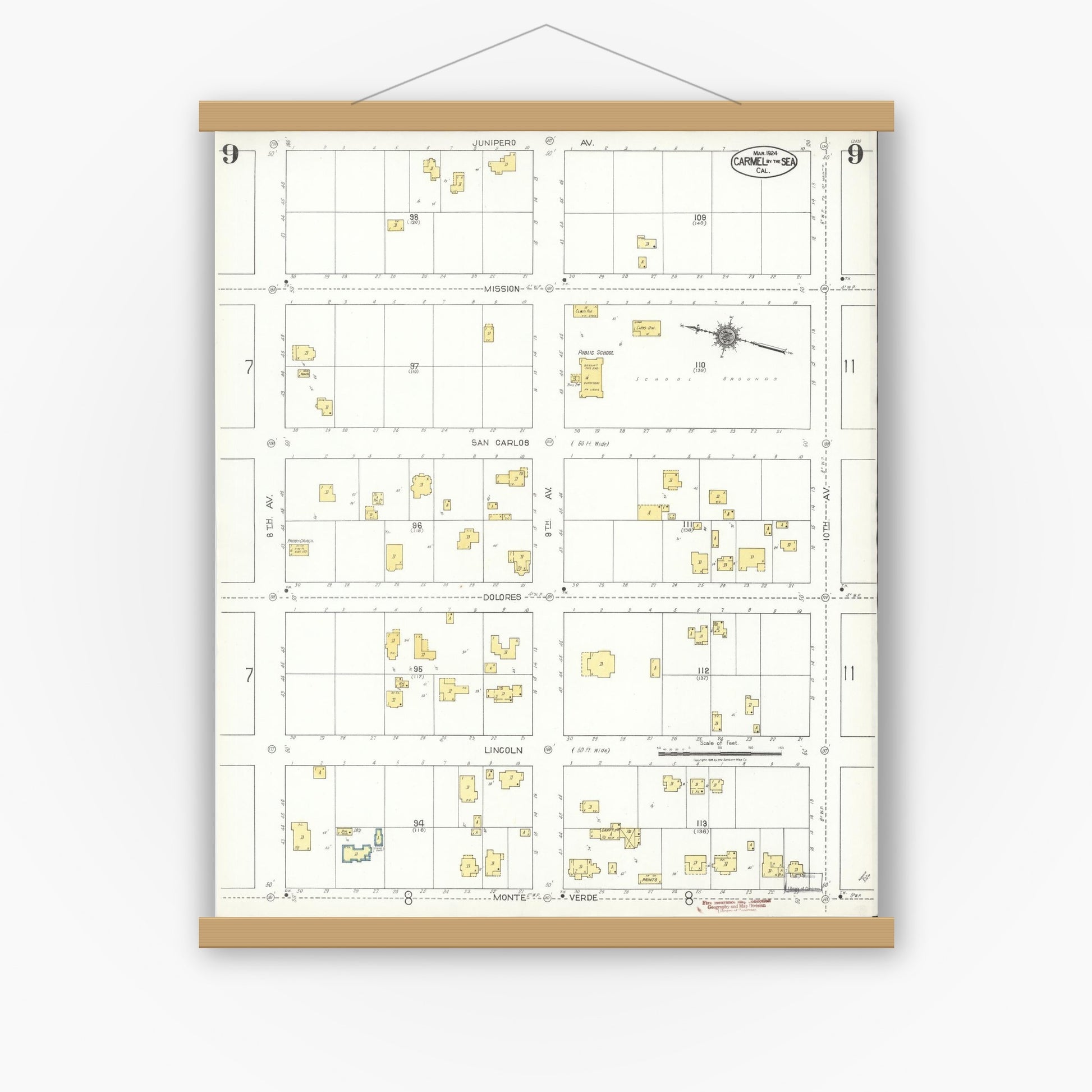 Old map wall art mockup — magnetic wood frame on white wall — Sanborn Fire Insurance Map from Carmel By The Sea, Monterey County, California (1924), Sheet #0009