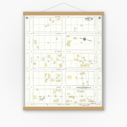 Old map wall art mockup — magnetic wood frame on white wall — Sanborn Fire Insurance Map from Carmel By The Sea, Monterey County, California (1924), Sheet #0009
