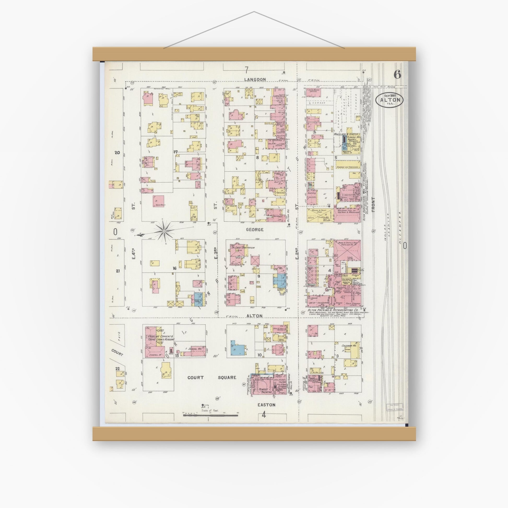 Old map wall art mockup — magnetic wood frame on white wall — Sanborn Fire Insurance Map from Alton, Madison County, Illinois (1897), Sheet #0006