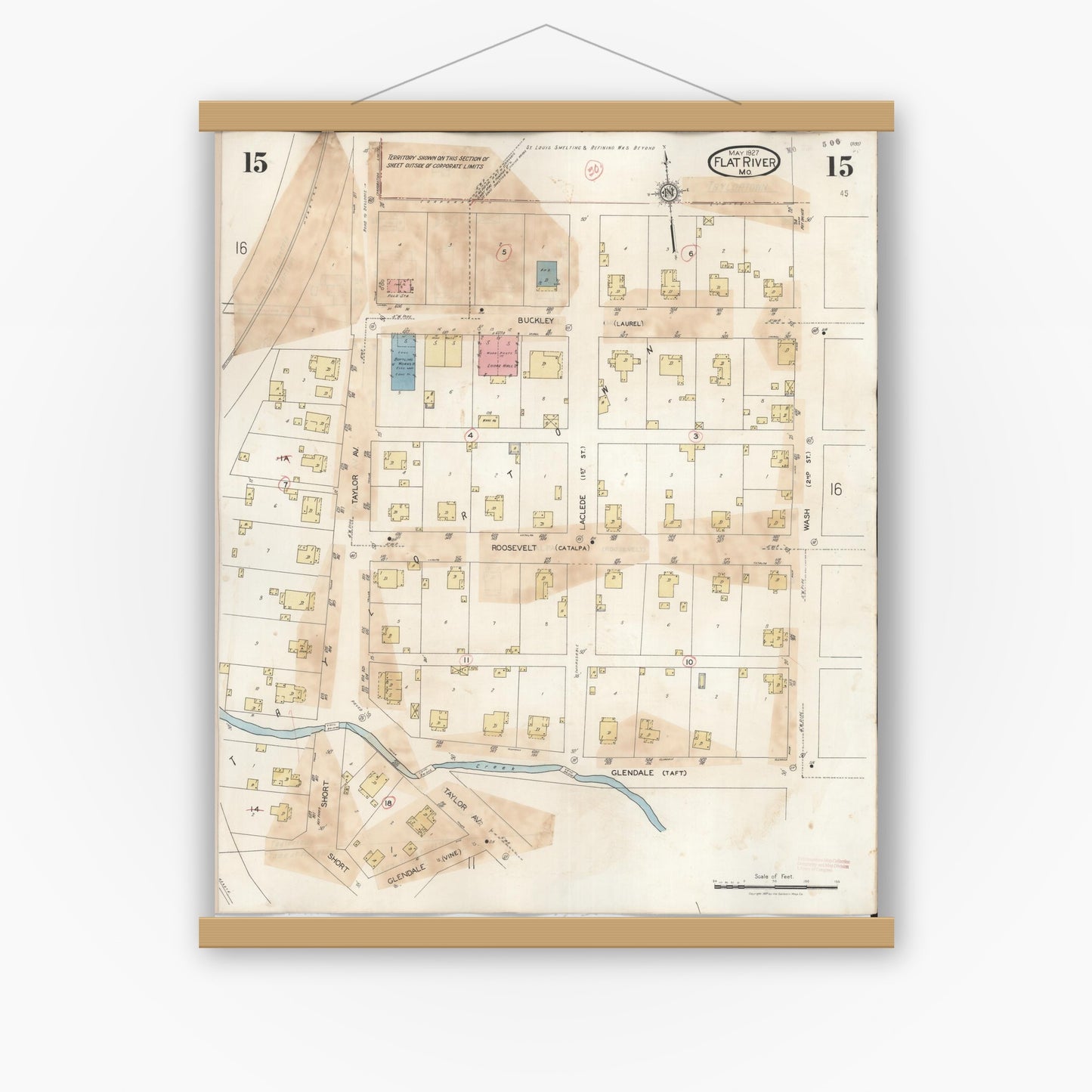 Old map wall art mockup — magnetic wood frame on white wall — Sanborn Fire Insurance Map from Flat River, Saint Francois County, Missouri (1938), Sheet #0015