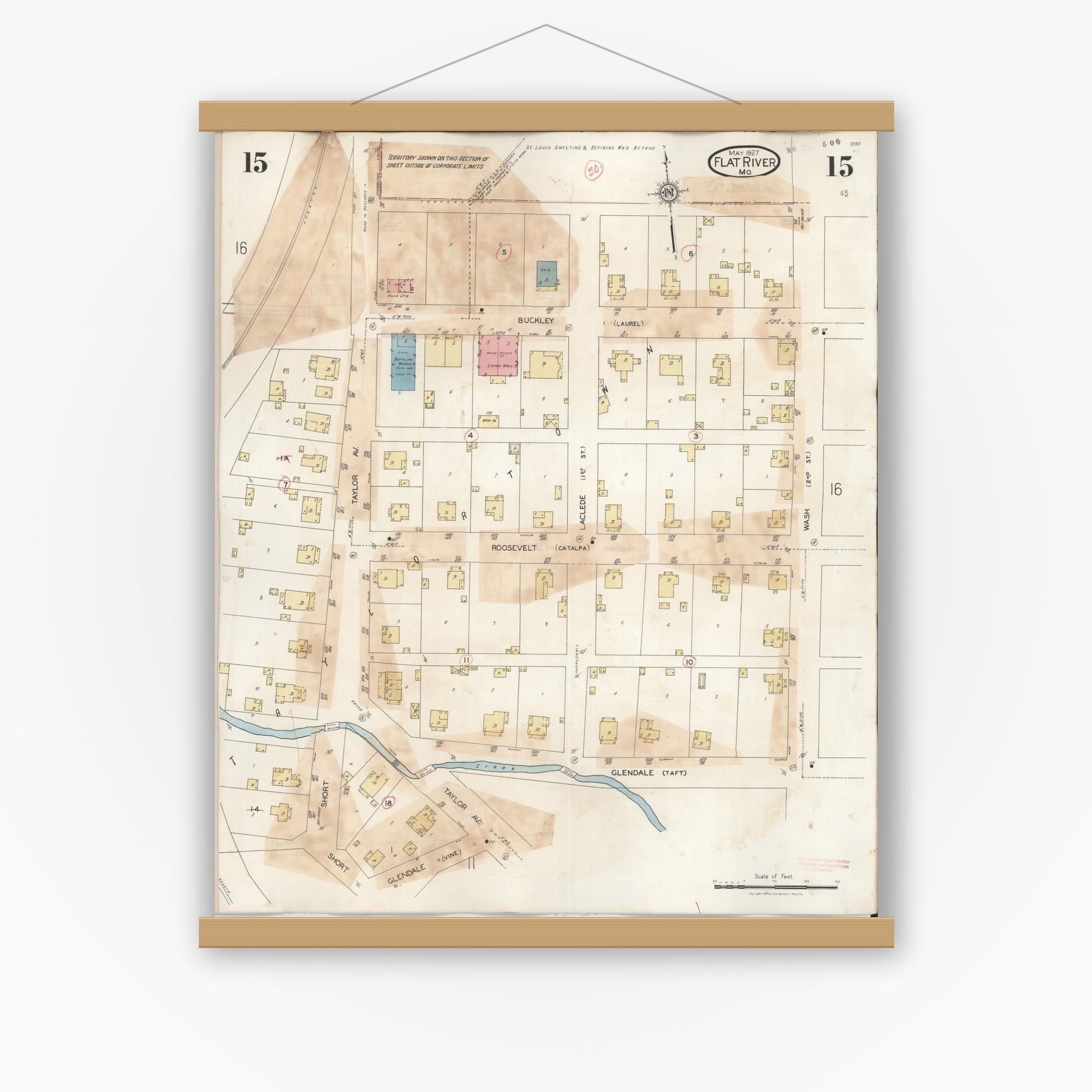 Old map wall art mockup — magnetic wood frame on white wall — Sanborn Fire Insurance Map from Flat River, Saint Francois County, Missouri (1938), Sheet #0015