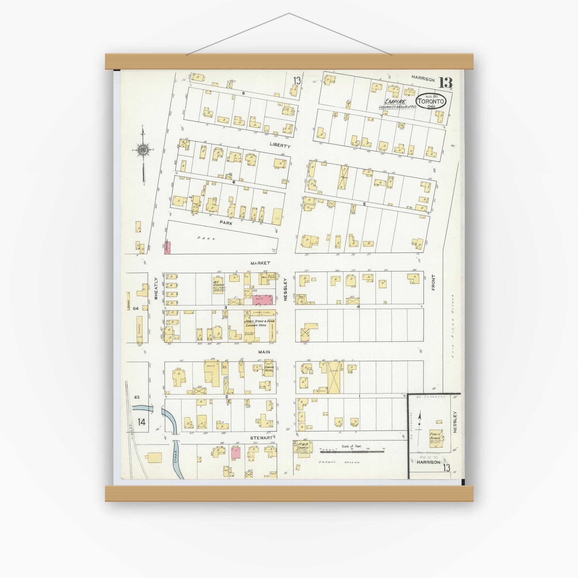 Old map wall art mockup — magnetic wood frame on white wall — Sanborn Fire Insurance Map from Toronto, Jefferson County, Ohio (1911), Sheet #0013