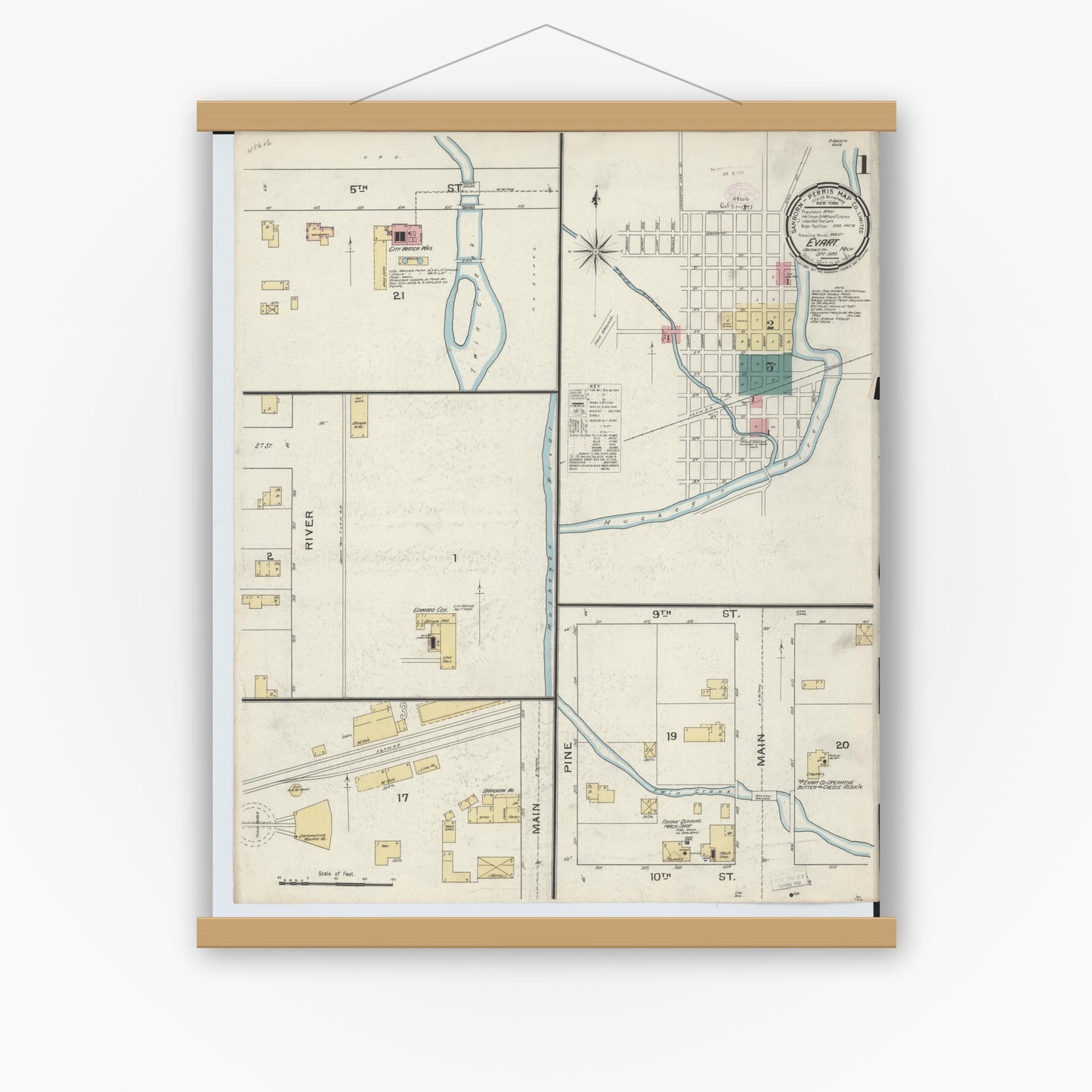 Old map wall art mockup — magnetic wood frame on white wall — Sanborn Fire Insurance Map from Evart, Osceola County, Michigan (1893), Sheet #0001