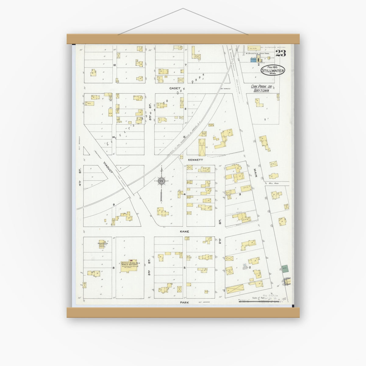 Old map wall art mockup — magnetic wood frame on white wall — Sanborn Fire Insurance Map from Stillwater, Washington County, Minnesota (1910), Sheet #0023