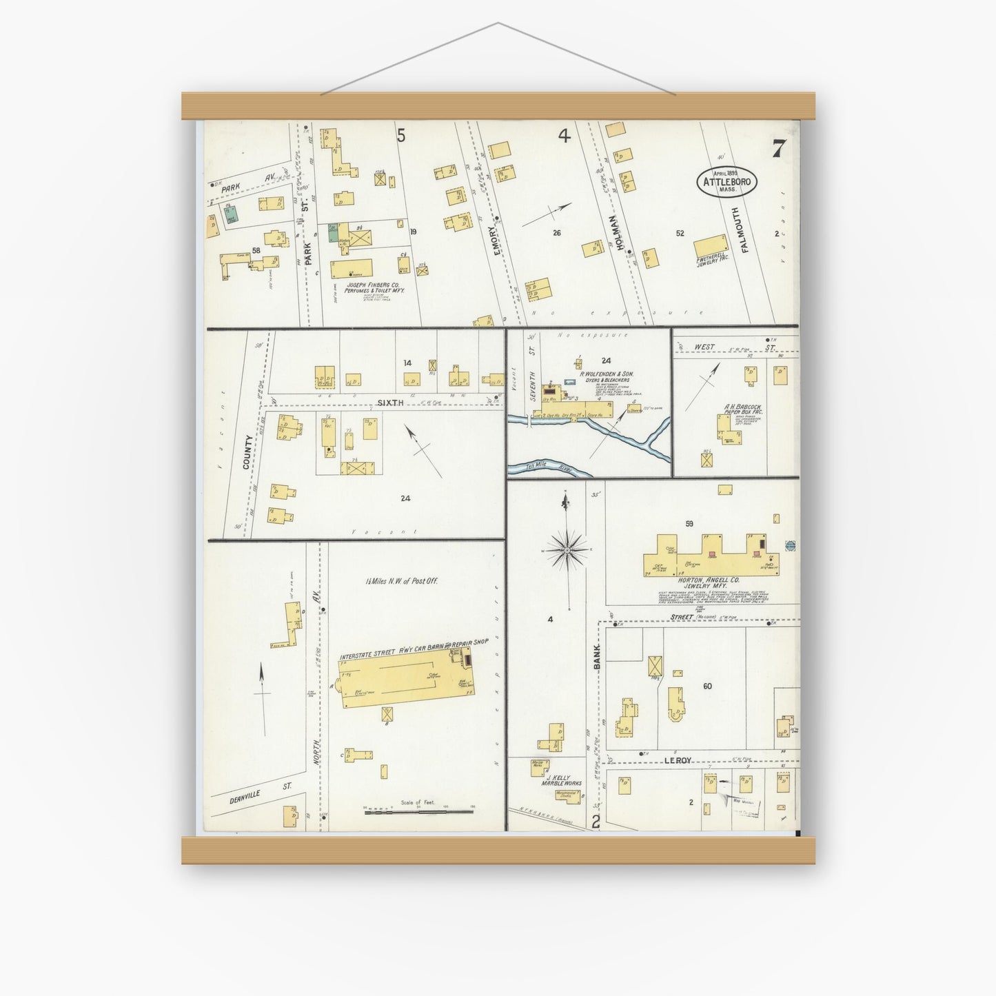 Old map wall art mockup — magnetic wood frame on white wall — Sanborn Fire Insurance Map from Attleboro, Bristol County, Massachusetts (1899), Sheet #0007