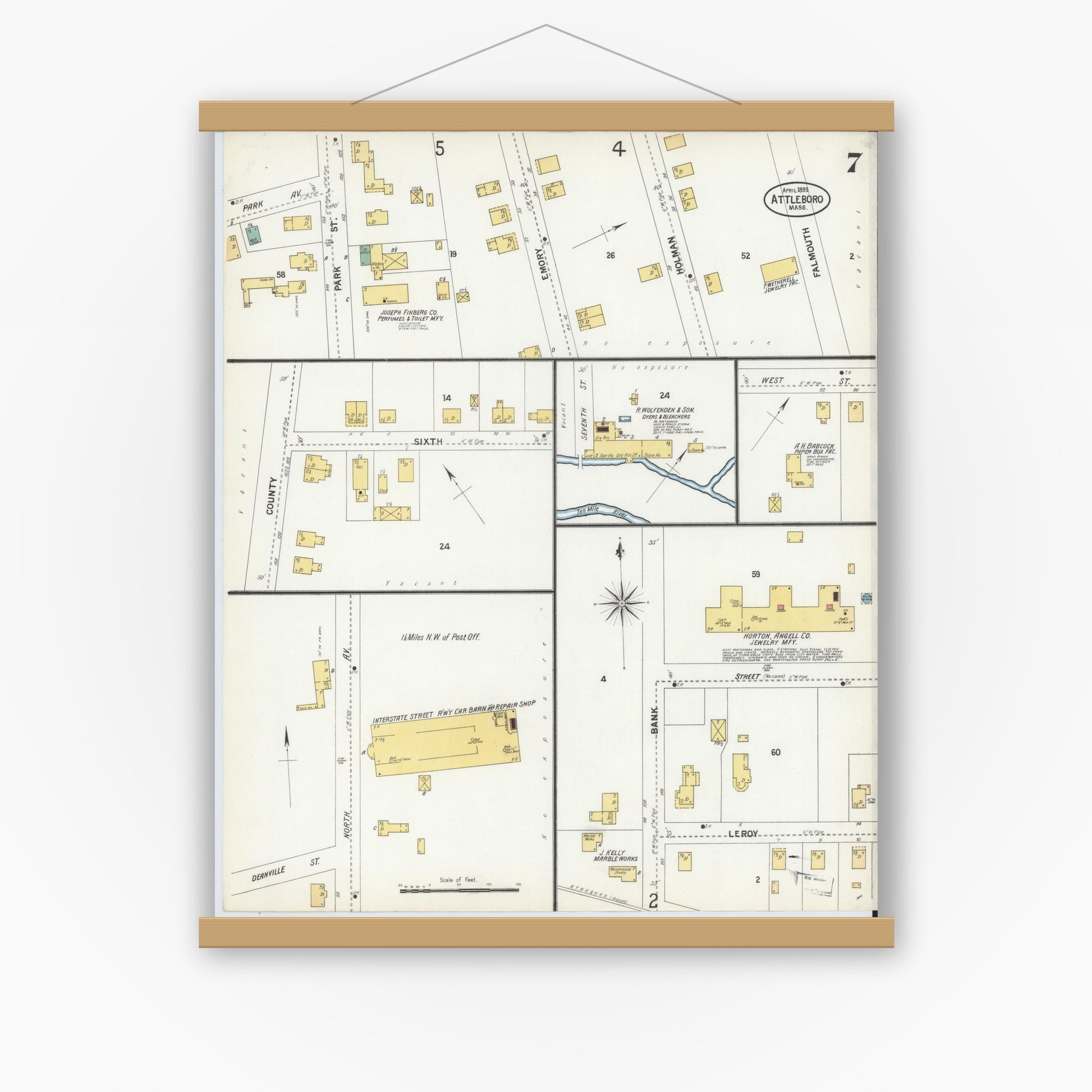 Old map wall art mockup — magnetic wood frame on white wall — Sanborn Fire Insurance Map from Attleboro, Bristol County, Massachusetts (1899), Sheet #0007