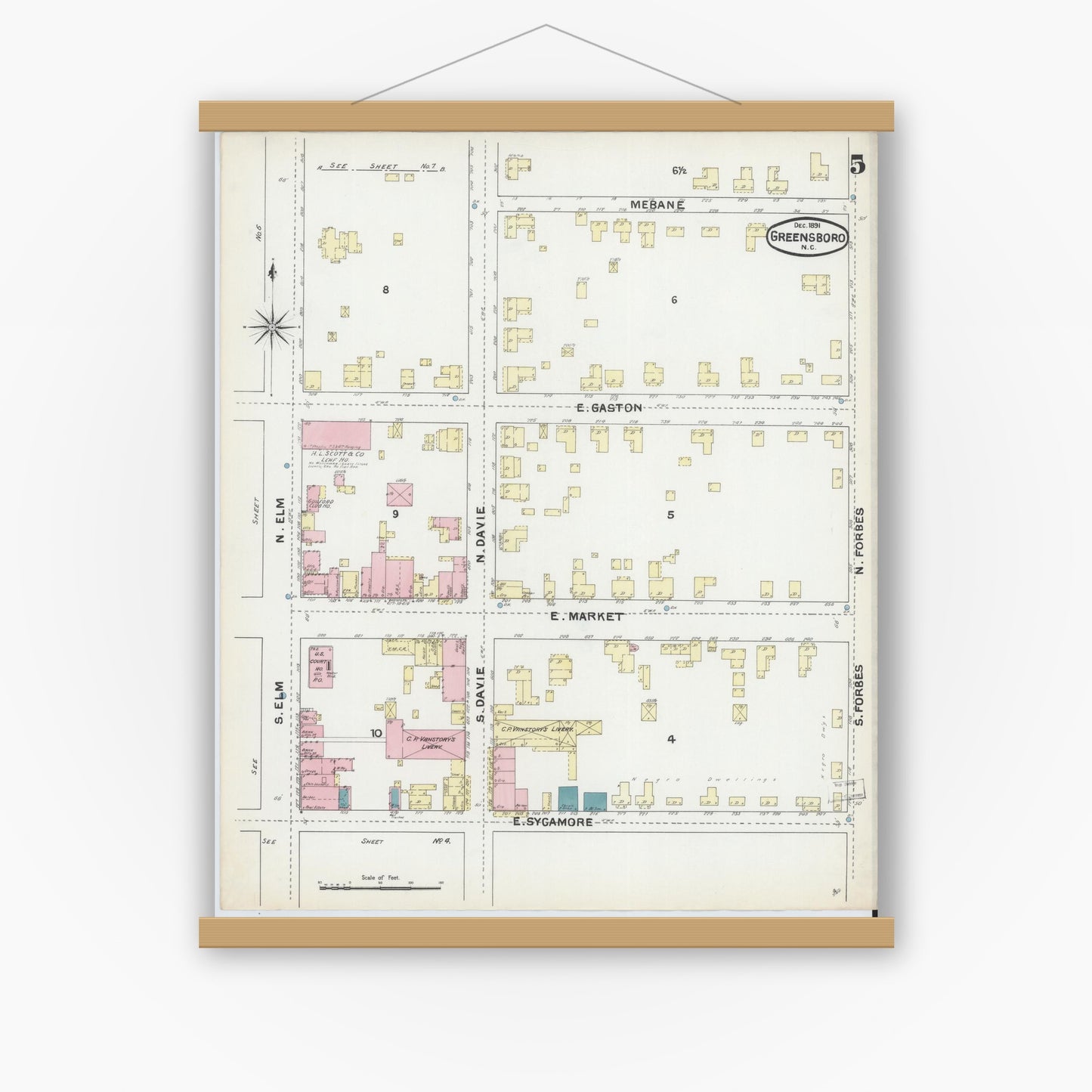 Old map wall art mockup — magnetic wood frame on white wall — Sanborn Fire Insurance Map from Greensboro, Guilford County, North Carolina (1891), Sheet #0005