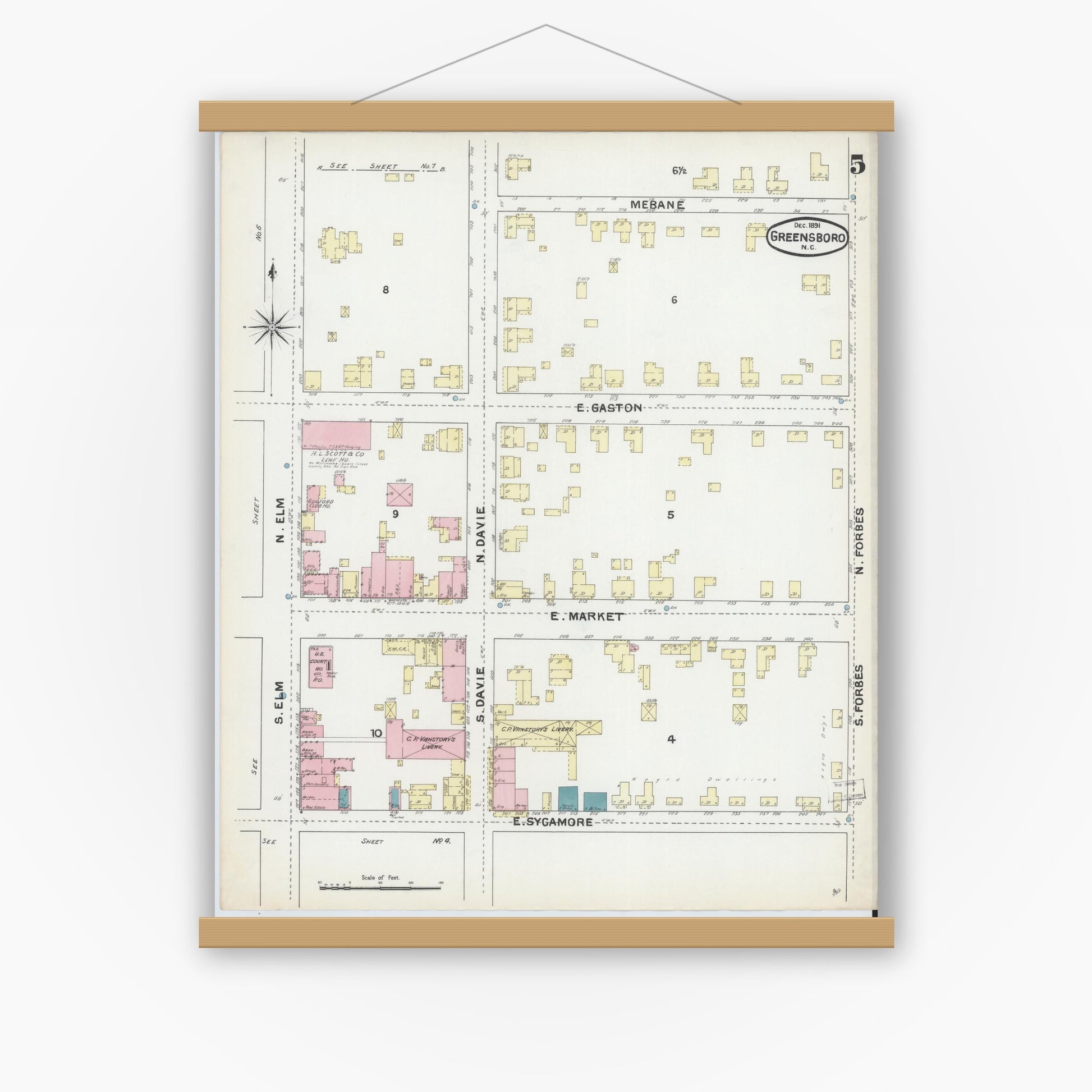 Old map wall art mockup — magnetic wood frame on white wall — Sanborn Fire Insurance Map from Greensboro, Guilford County, North Carolina (1891), Sheet #0005
