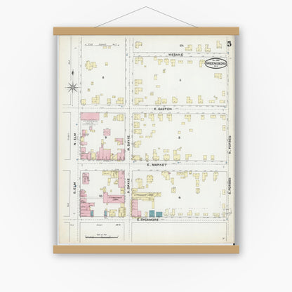 Old map wall art mockup — magnetic wood frame on white wall — Sanborn Fire Insurance Map from Greensboro, Guilford County, North Carolina (1891), Sheet #0005
