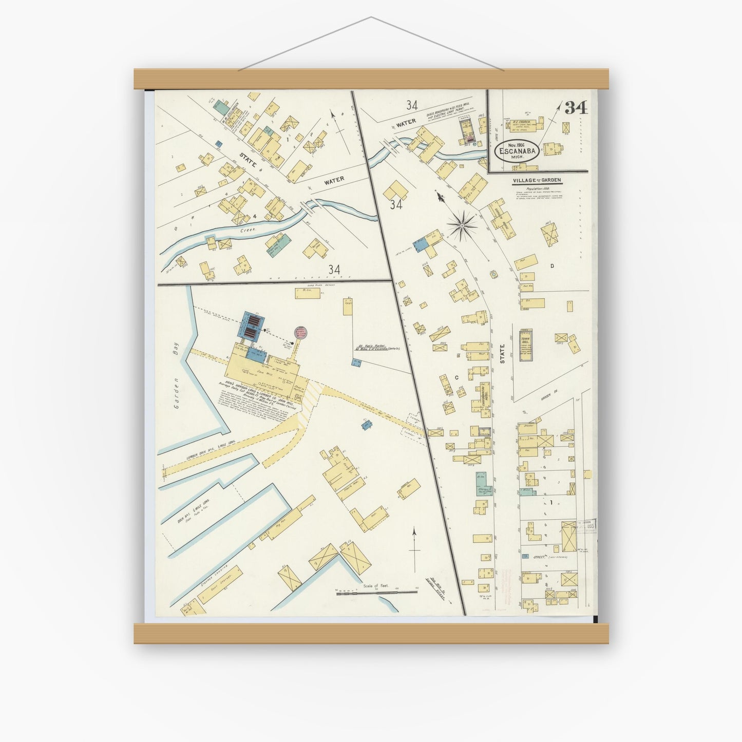Old map wall art mockup — magnetic wood frame on white wall — Sanborn Fire Insurance Map from Escanaba, Delta County, Michigan (1906), Sheet #0034