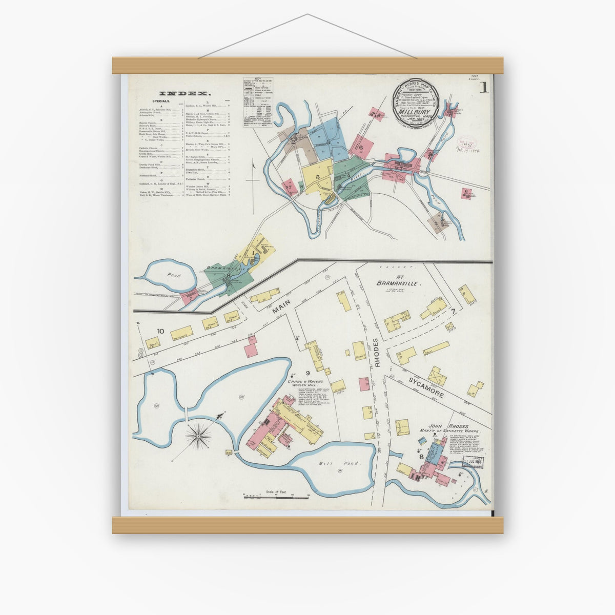 Old map wall art mockup — magnetic wood frame on white wall — Sanborn Fire Insurance Map from Millbury, Worcester County, Massachusetts (1894) - Complete Map Set