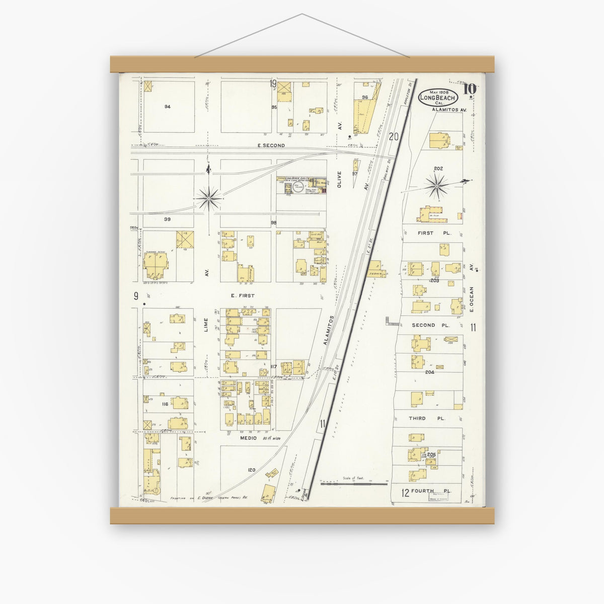 Old map wall art mockup — magnetic wood frame on white wall — Sanborn Fire Insurance Map from Long Beach, Los Angeles County, California (1908), Sheet #0010