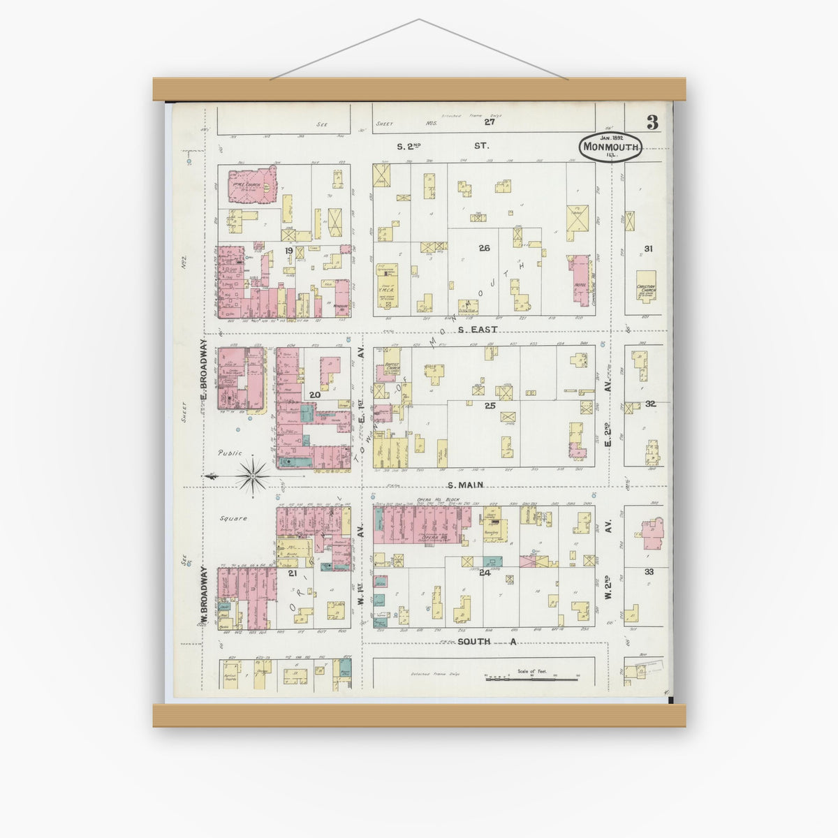 Old map wall art mockup — magnetic wood frame on white wall — Sanborn Fire Insurance Map from Monmouth, Warren County, Illinois (1892), Sheet #0003