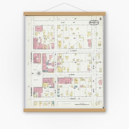 Old map wall art mockup — magnetic wood frame on white wall — Sanborn Fire Insurance Map from Monmouth, Warren County, Illinois (1892), Sheet #0003