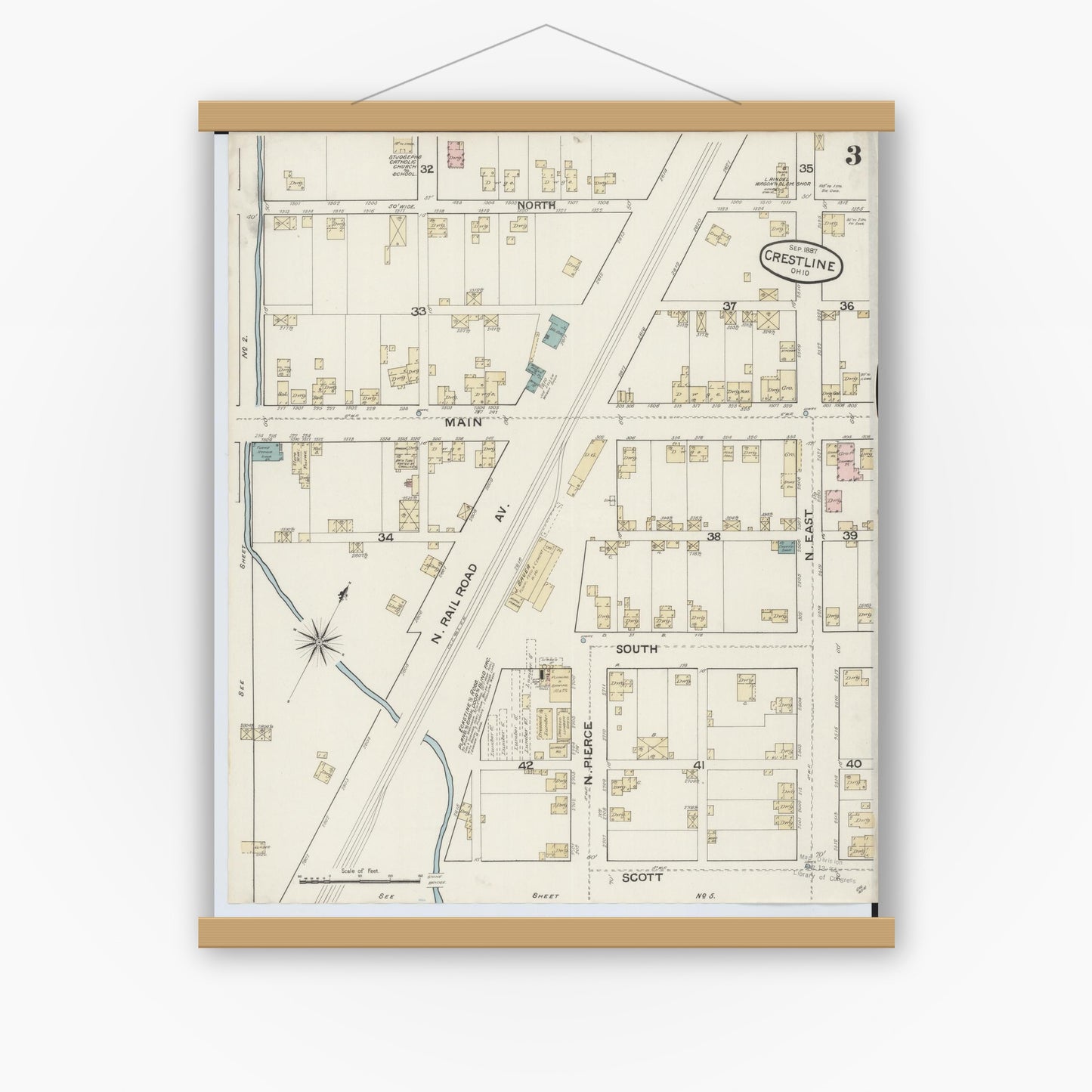 Old map wall art mockup — magnetic wood frame on white wall — Sanborn Fire Insurance Map from Crestline, Crawford County, Ohio (1887), Sheet #0003
