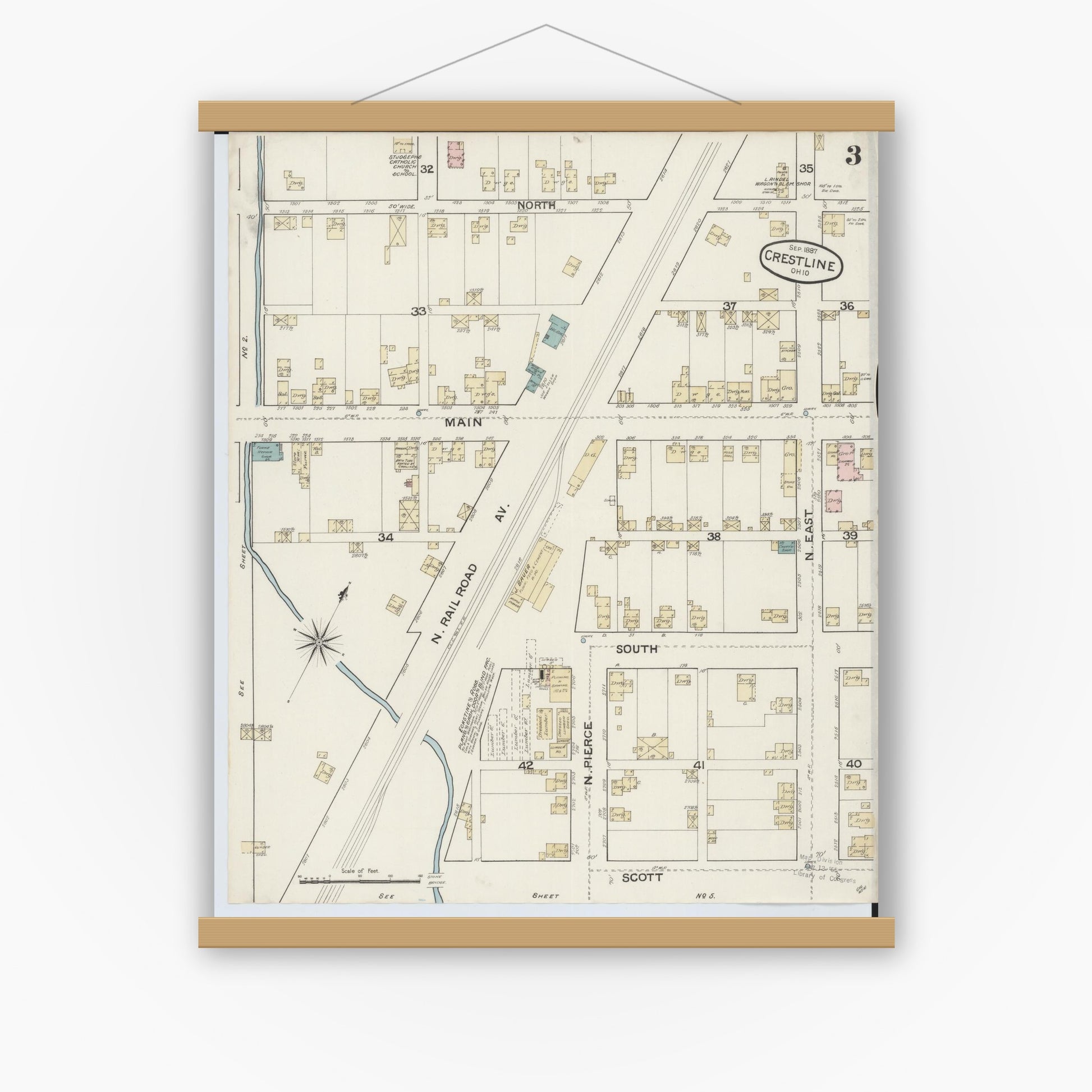 Old map wall art mockup — magnetic wood frame on white wall — Sanborn Fire Insurance Map from Crestline, Crawford County, Ohio (1887), Sheet #0003