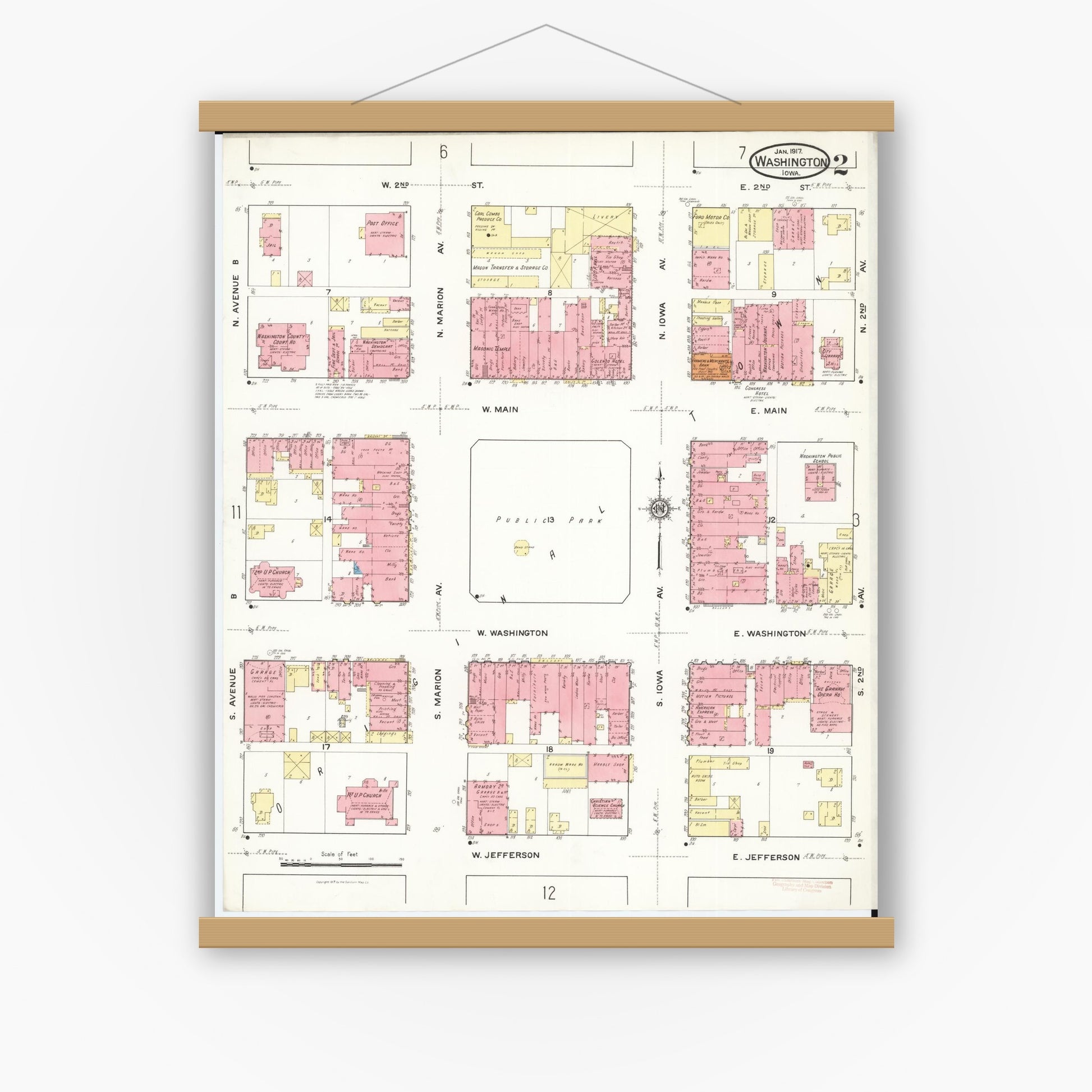 Old map wall art mockup — magnetic wood frame on white wall — Sanborn Fire Insurance Map from Washington, Washington County, Iowa (1917), Sheet #0002
