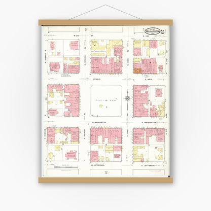 Old map wall art mockup — magnetic wood frame on white wall — Sanborn Fire Insurance Map from Washington, Washington County, Iowa (1917), Sheet #0002