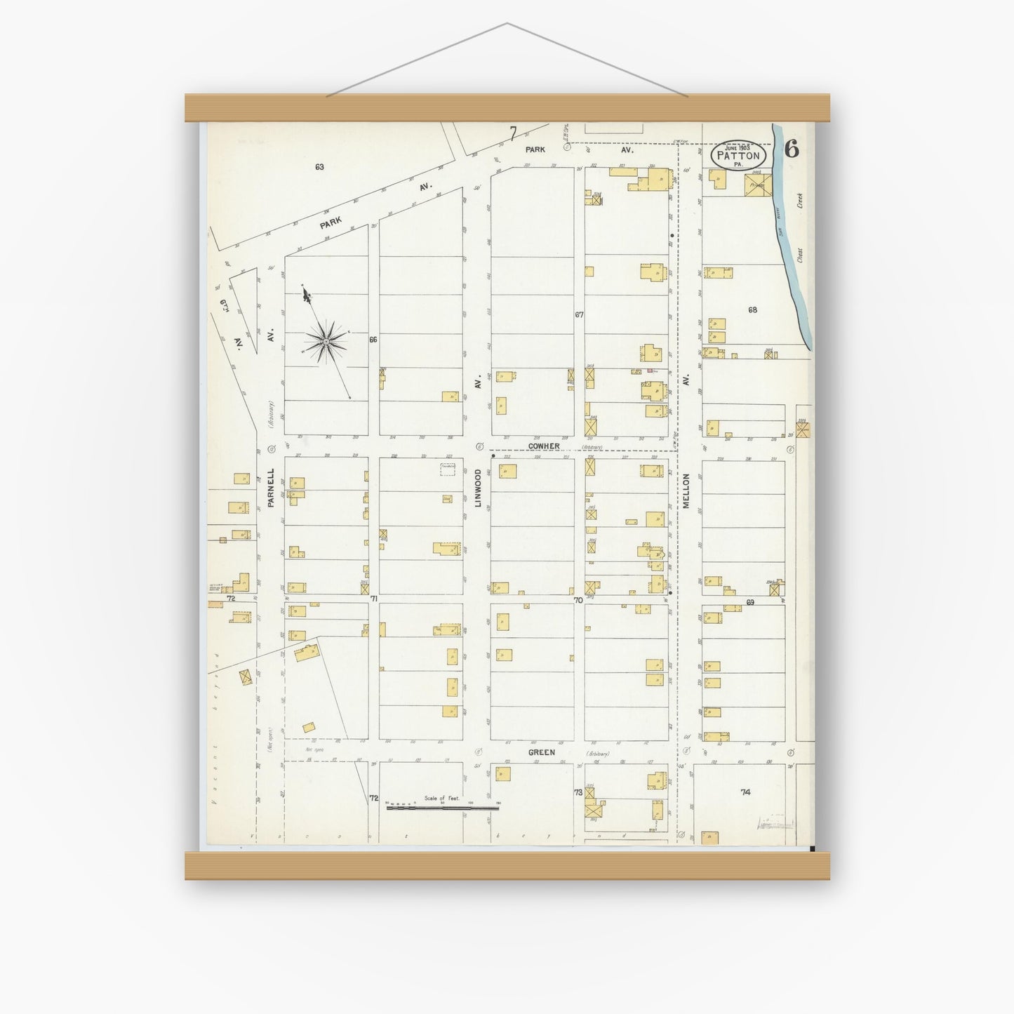 Old map wall art mockup — magnetic wood frame on white wall — Sanborn Fire Insurance Map from Patton, Cambria County, Pennsylvania (1903), Sheet #0006