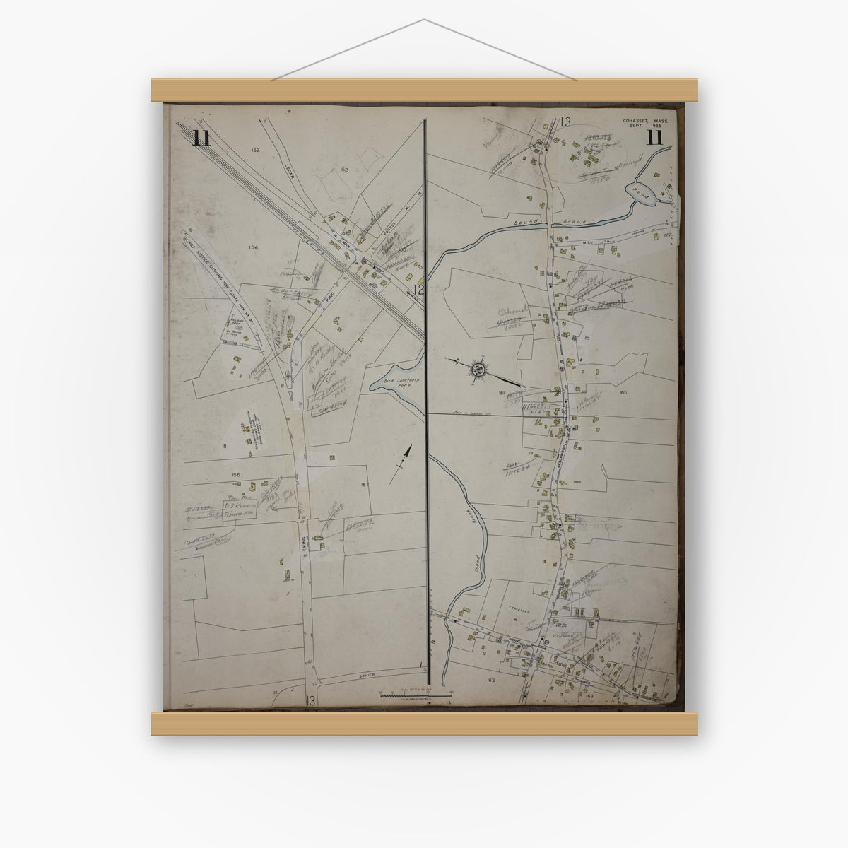 Old map wall art mockup — magnetic wood frame on white wall — Sanborn Fire Insurance Map from Cohasset, Norfolk County, Massachusetts (1952), Sheet #0011