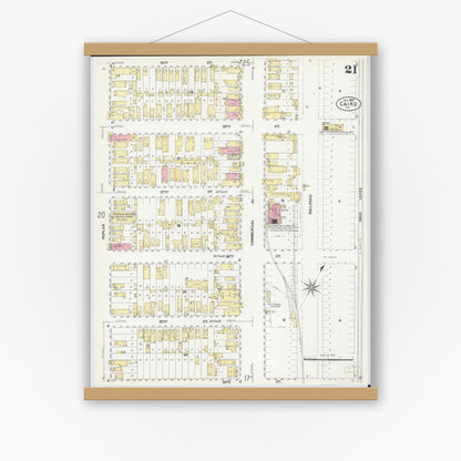 Old map wall art mockup — magnetic wood frame on white wall — Sanborn Fire Insurance Map from Cairo, Alexander County, Illinois (1907), Sheet #0021