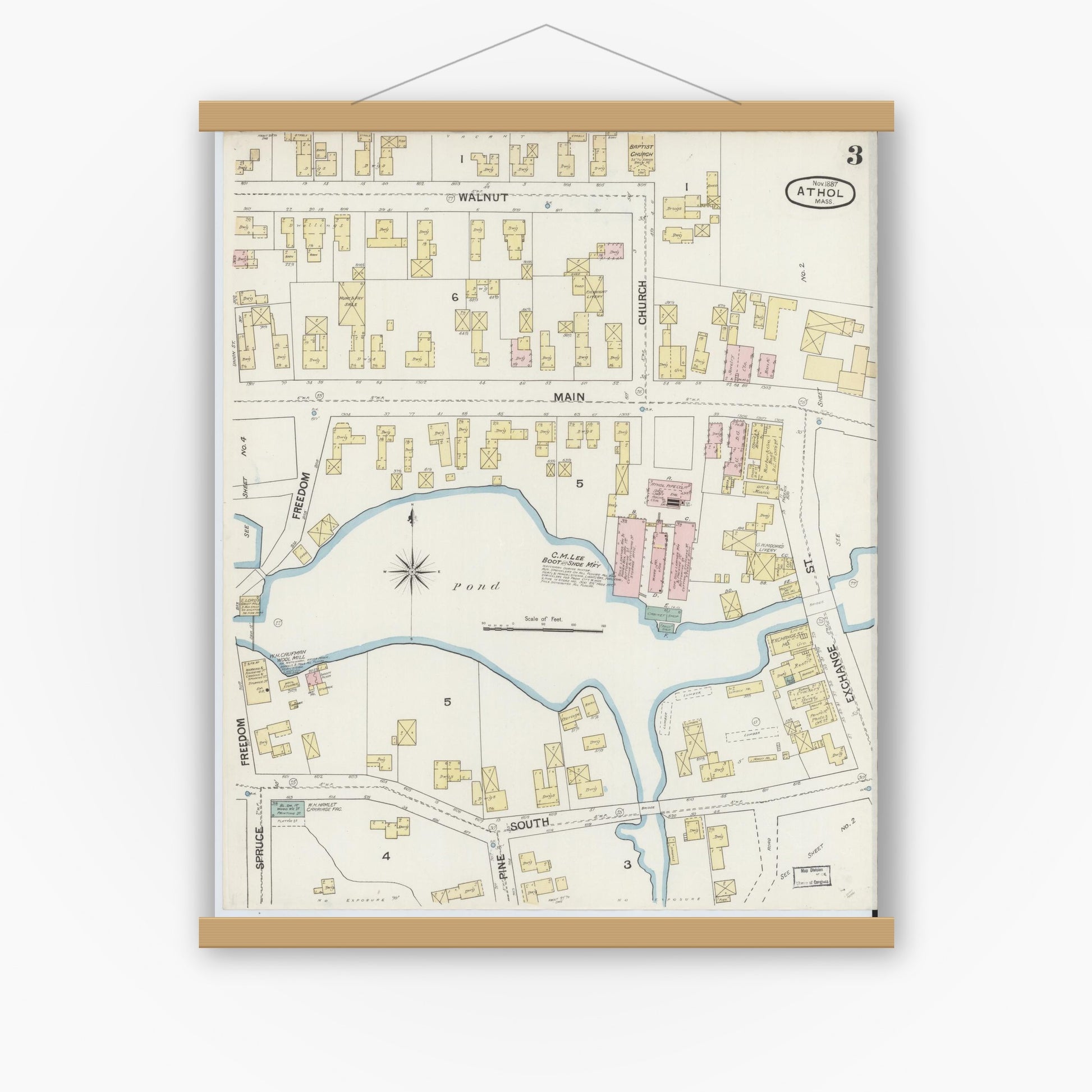 Old map wall art mockup — magnetic wood frame on white wall — Sanborn Fire Insurance Map from Athol, Worcester County, Massachusetts (1887), Sheet #0003