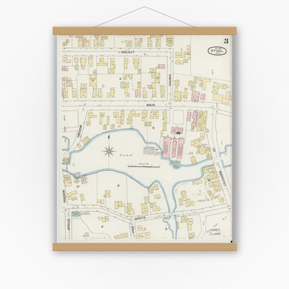 Old map wall art mockup — magnetic wood frame on white wall — Sanborn Fire Insurance Map from Athol, Worcester County, Massachusetts (1887), Sheet #0003