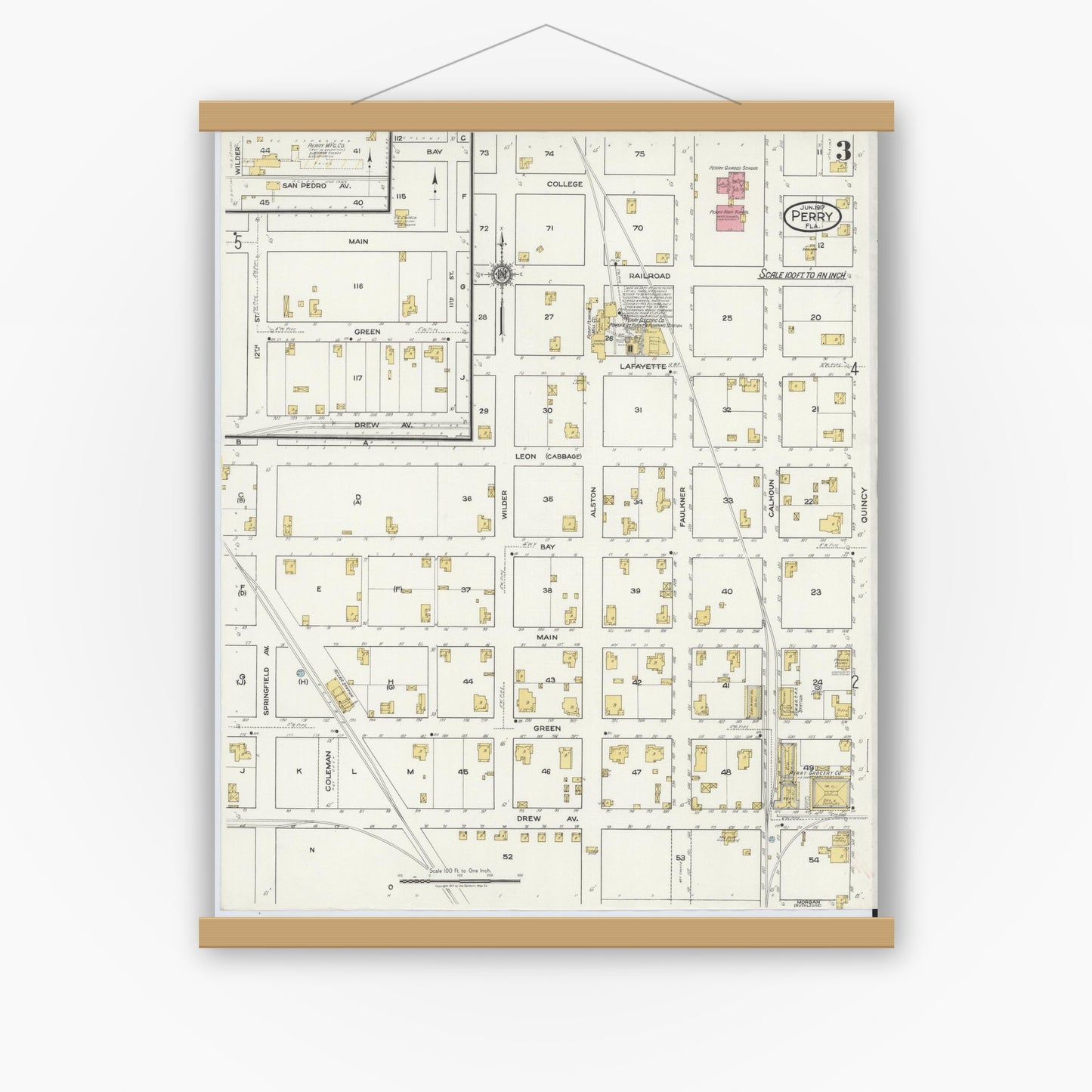 Old map wall art mockup — magnetic wood frame on white wall — Sanborn Fire Insurance Map from Perry, Taylor County, Florida (1917), Sheet #0003