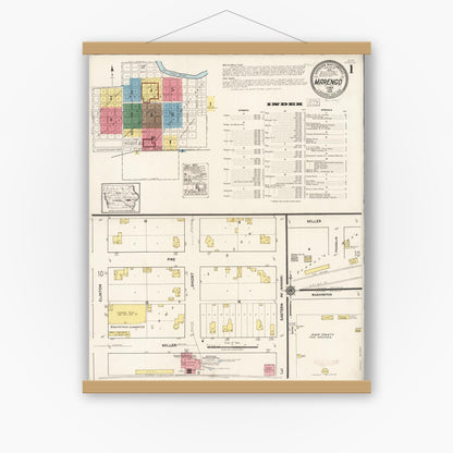 Old map wall art mockup — magnetic wood frame on white wall — Sanborn Fire Insurance Map from Marengo, Iowa County, Iowa (1922) â€” Complete Set