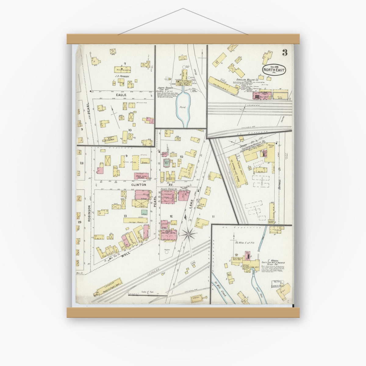 Old map wall art mockup — magnetic wood frame on white wall — Sanborn Fire Insurance Map from North East, Erie County, Pennsylvania (1896), Sheet #0003